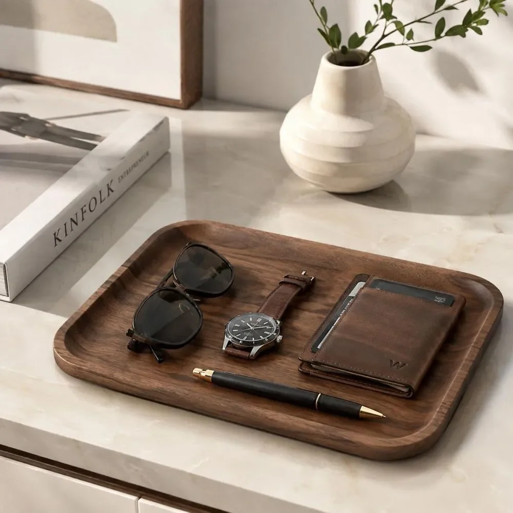 Solid Walnut Wood Valet Tray Catchall Organizer Keys Phone Wallet Watch Desk EDC